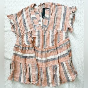 NWT- LULU’S Dusty Orange/Blue/White Striped Linen Blend Babydoll Mini Dress